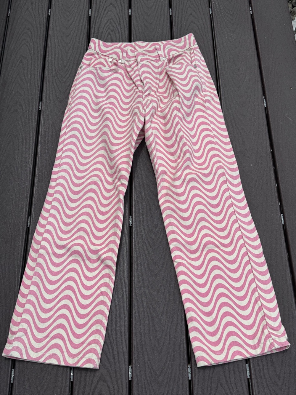 Ragged Priest Wavy Pink & White Patterned Straight-Leg Pants